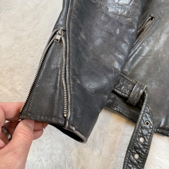 FIRST Genuine Leather Mens Motorcycle Jacket Black Size 46 Biker Style Vintage - Picture 7 of 10